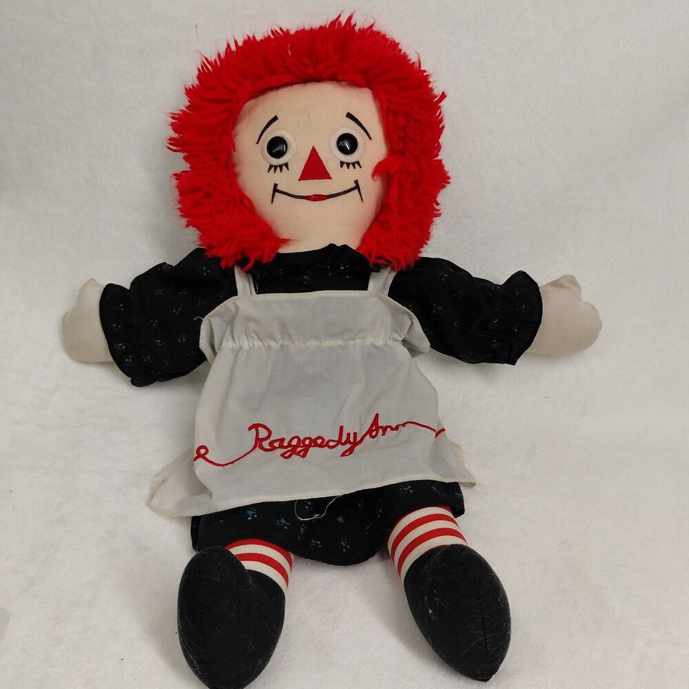 Vintage 1991 Applause Raggedy Ann Doll 17" Navy Blue Floral Dress White Apron Pl